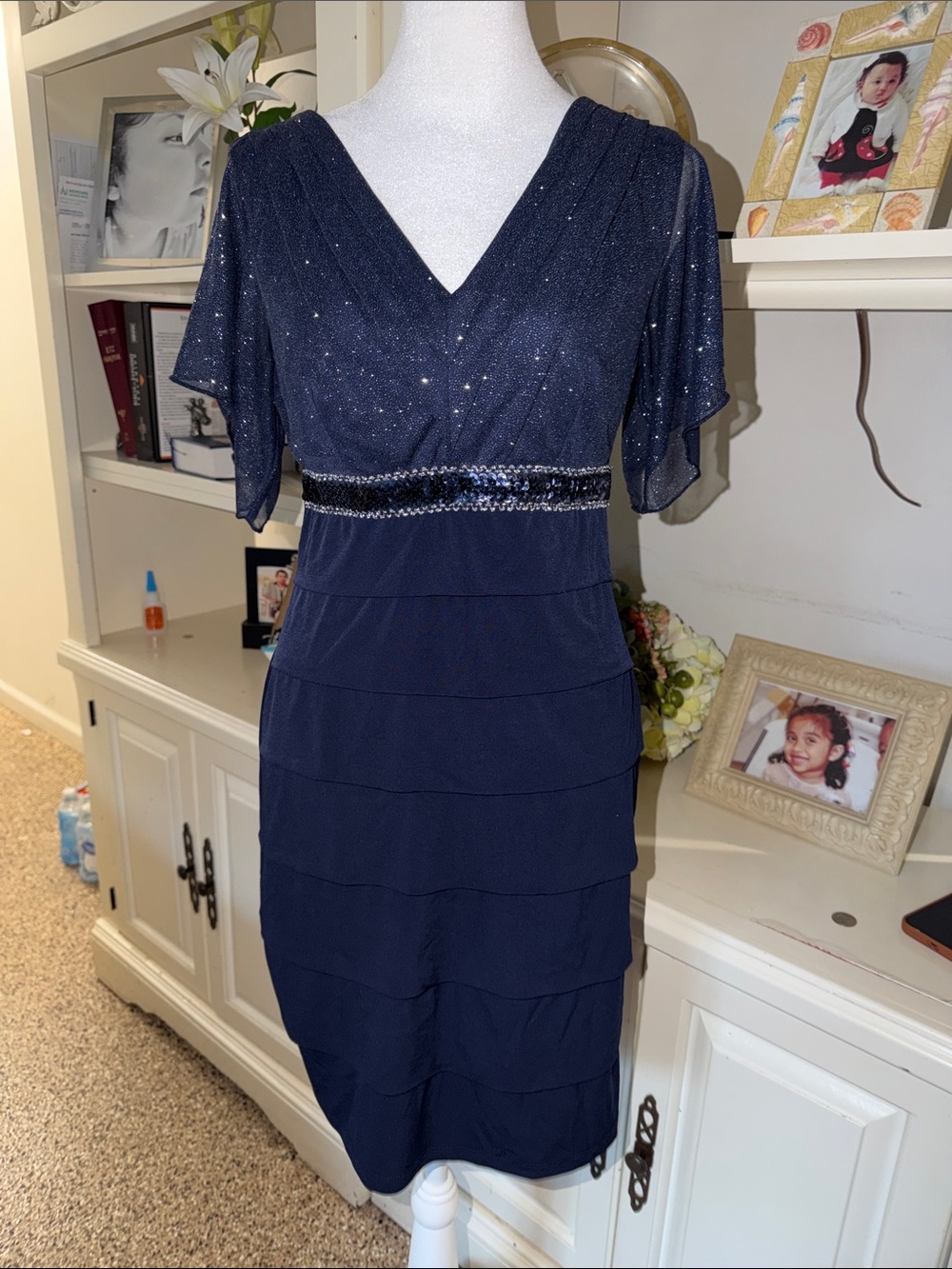 Enfocus Studio Navy Sequin-Trim V-Neck Midi Dress